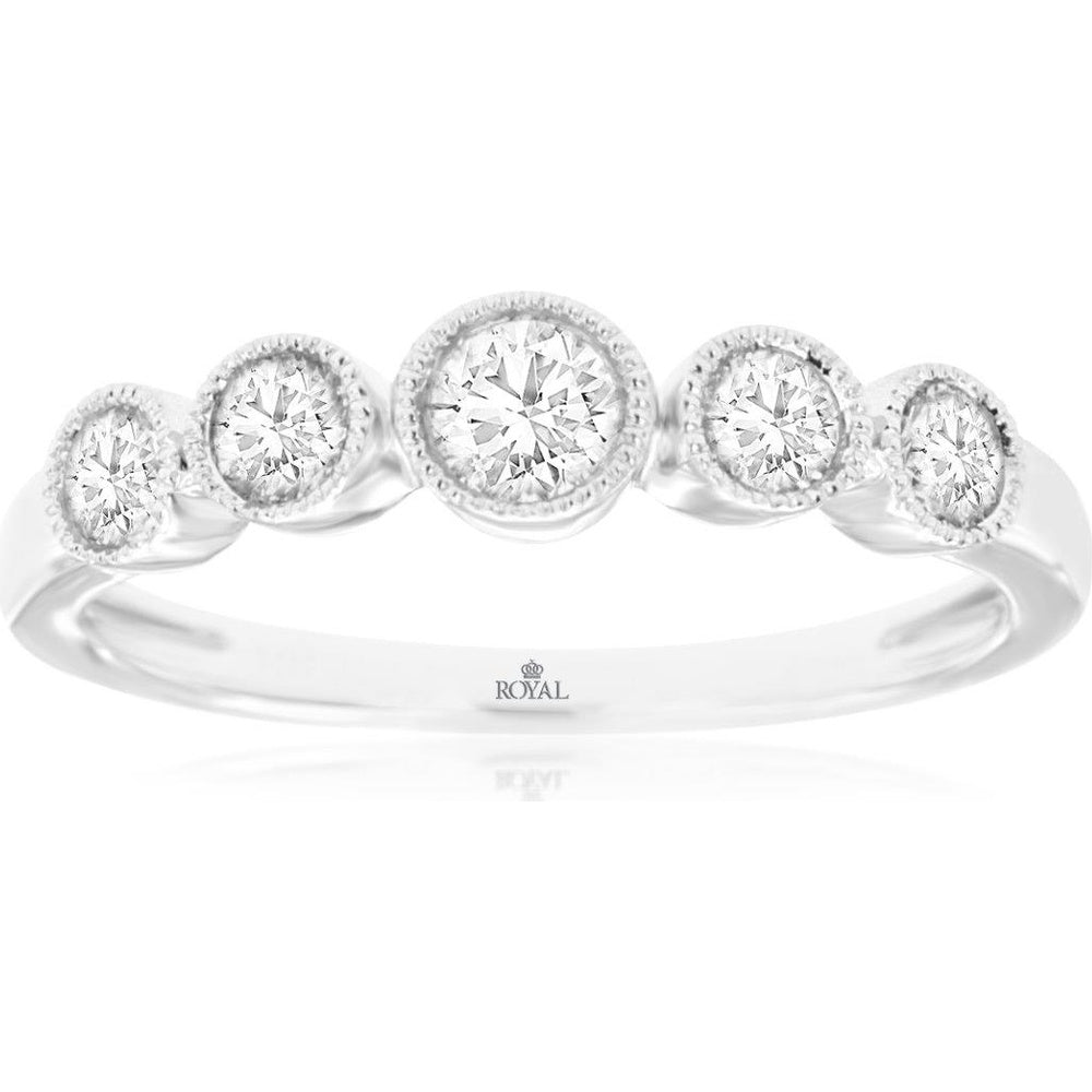 14K White Gold Five-Stone Diamond Wedding Band with Milgrain Bezel Settings - 0.50 Carat Center Diamond - Royal Jewelry