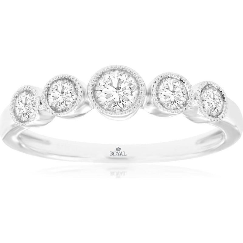 14K White Gold Five-Stone Diamond Wedding Band with Milgrain Bezel Settings - 0.50 Carat Center Diamond - Royal Jewelry