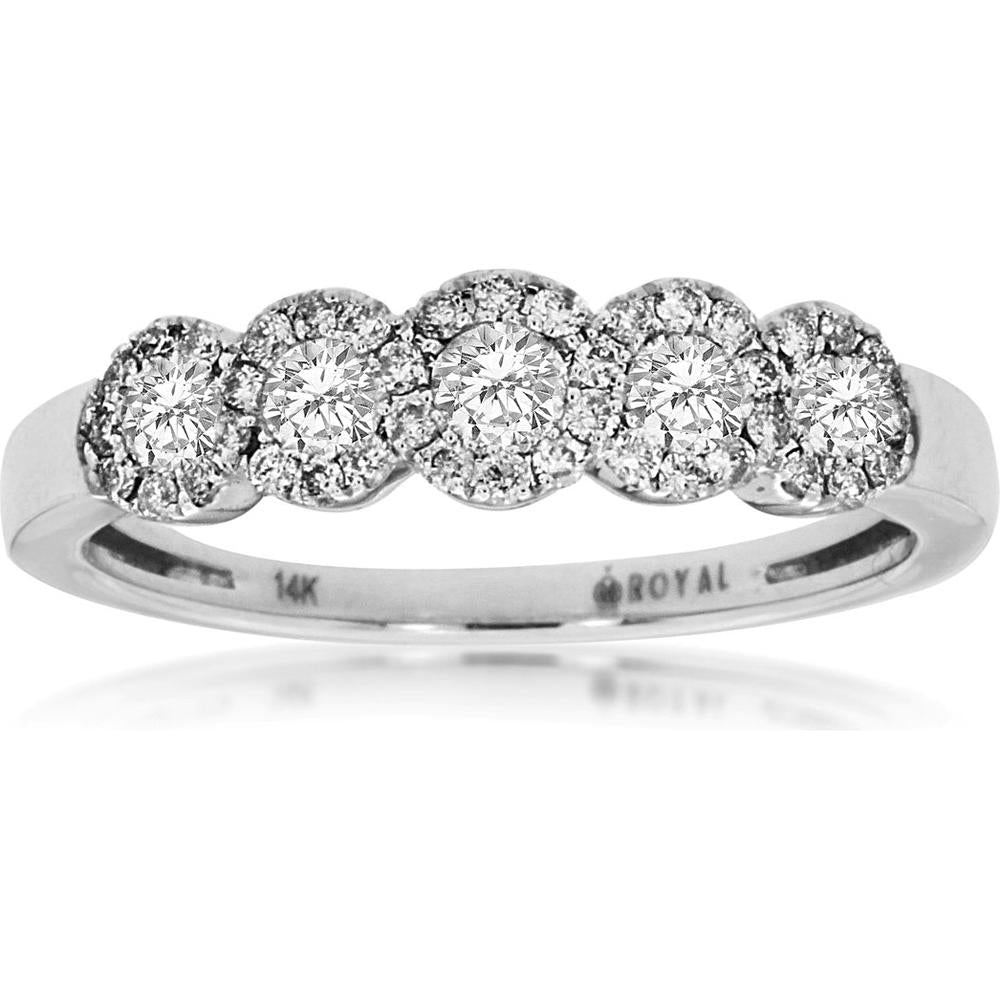 14K White Gold Five-Stone Diamond Wedding Band with Round Brilliant Halo Accents - 0.50 Carat Total Diamond Weight - Royal Jewelry