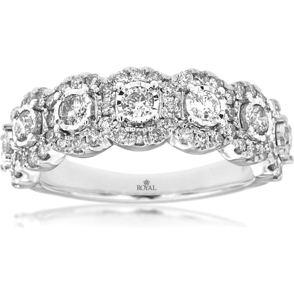 14K White Gold Five-Stone Diamond Wedding Band with Round Brilliant Halo Setting - 1.00 Carat Total Diamond Weight - Royal Jewelry