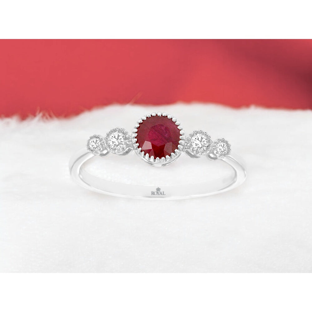 14K White Gold Five-Stone Graduated Ring with Milgrain Details and Round Ruby - 0.65 Carat Ruby Total Weight with 0.12 Carat Diamond Accents - Royal Jewelry