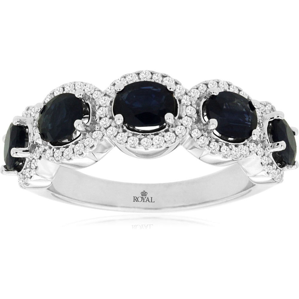 14K White Gold Five-Stone Graduated Sapphire Ring with Diamond Halo Accents - 2.20 Carat Total Sapphire Weight and 0.33 Carat Total Diamond Weight - Royal Jewelry