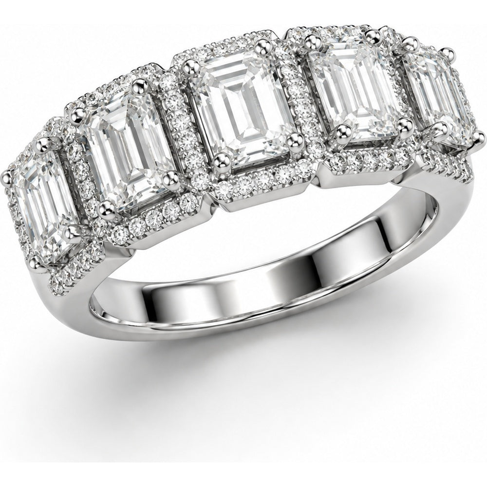 14K White Gold Five-Stone Halo Band with Emerald Cut Lab Grown Diamonds - 3.39 Carat Total Diamond Weight by Auriventus