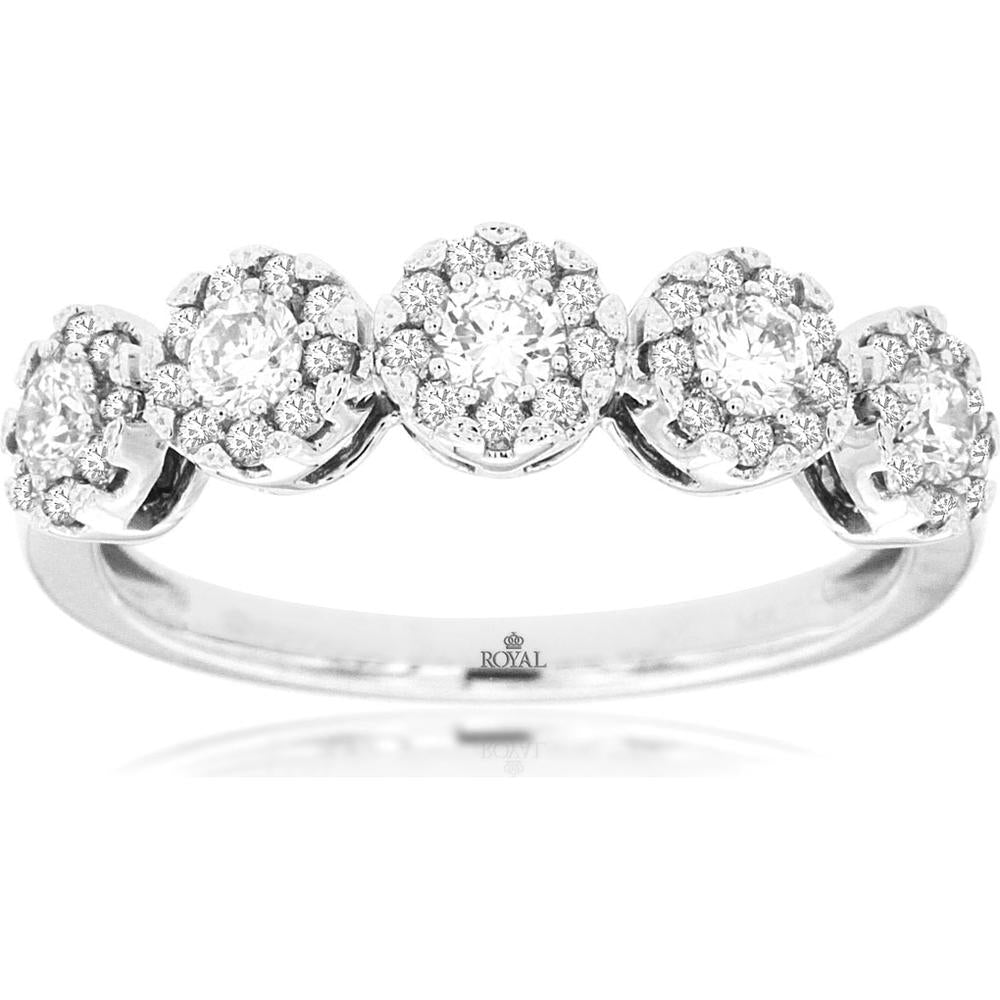 14K White Gold Five Stone Halo Diamond Wedding Band Ring - 0.75 Carat Total Diamond Weight - Royal Jewelry