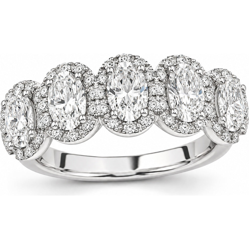 14K White Gold Five-Stone Halo Fashion Ring with Oval Lab Grown Diamonds - 4.38 Carat Total Diamond Weight by Auriventus