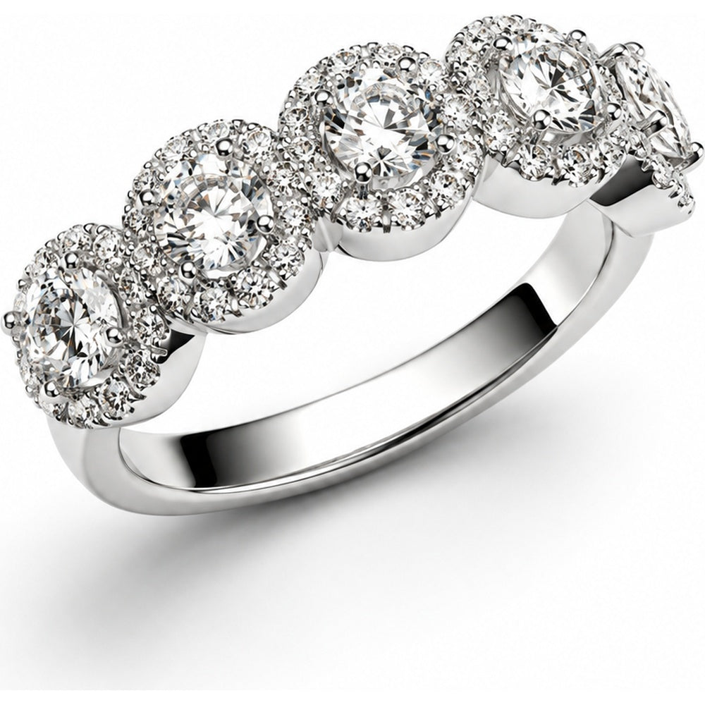 14K White Gold Five-Stone Halo Fashion Ring with Round Lab Grown Diamonds - 2.13 Carat Total Diamond Weight by Auriventus