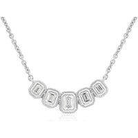 14K White Gold Five-Stone Halo Necklace with Milgrain Edge Emerald-Cut Diamonds - 0.78 Carat Total Diamond Weight - Royal Jewelry