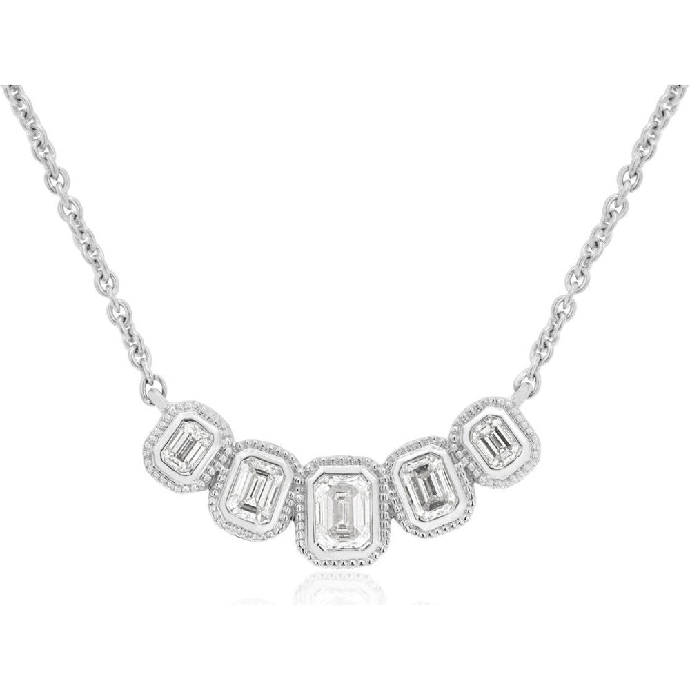 14K White Gold Five-Stone Halo Necklace with Milgrain Edge Emerald-Cut Diamonds - 0.78 Carat Total Diamond Weight - Royal Jewelry