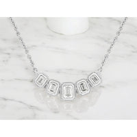 14K White Gold Five-Stone Halo Necklace with Milgrain Edge Emerald-Cut Diamonds - 0.78 Carat Total Diamond Weight - Royal Jewelry