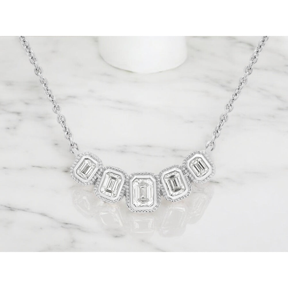 14K White Gold Five-Stone Halo Necklace with Milgrain Edge Emerald-Cut Diamonds - 0.78 Carat Total Diamond Weight - Royal Jewelry