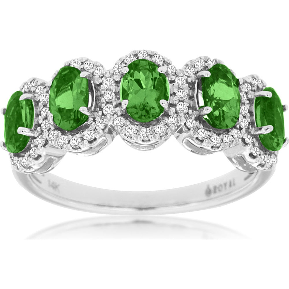 14K White Gold Five-Stone Halo Ring with Oval-Cut Russalite and Pavé Diamonds - 1.30 Carat Russalite and 0.25 Carat Diamond Total Weight - Royal Jewelry