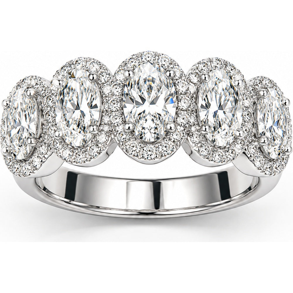 14K White Gold Five-Stone Halo Ring with Oval Lab Grown Diamonds - 2.99 Carat Total Diamond Weight by Auriventus