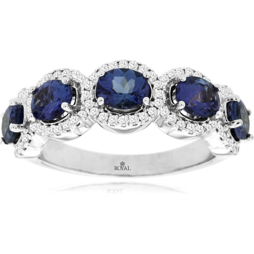14K White Gold Five-Stone Halo Ring with Round Tanzanites and 0.33 Carat Total Diamond Weight - 1.75 Carat Total Tanzanite Weight - Royal Jewelry