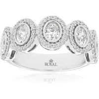 14K White Gold Five-Stone Oval Diamond Halo Wedding Band with Milgrain Detail - 1.42 Carat Total Diamond Weight - Royal Jewelry