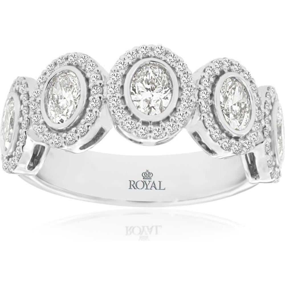 14K White Gold Five-Stone Oval Diamond Halo Wedding Band with Milgrain Detail - 1.42 Carat Total Diamond Weight - Royal Jewelry