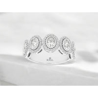 14K White Gold Five-Stone Oval Diamond Halo Wedding Band with Milgrain Detail - 1.42 Carat Total Diamond Weight - Royal Jewelry