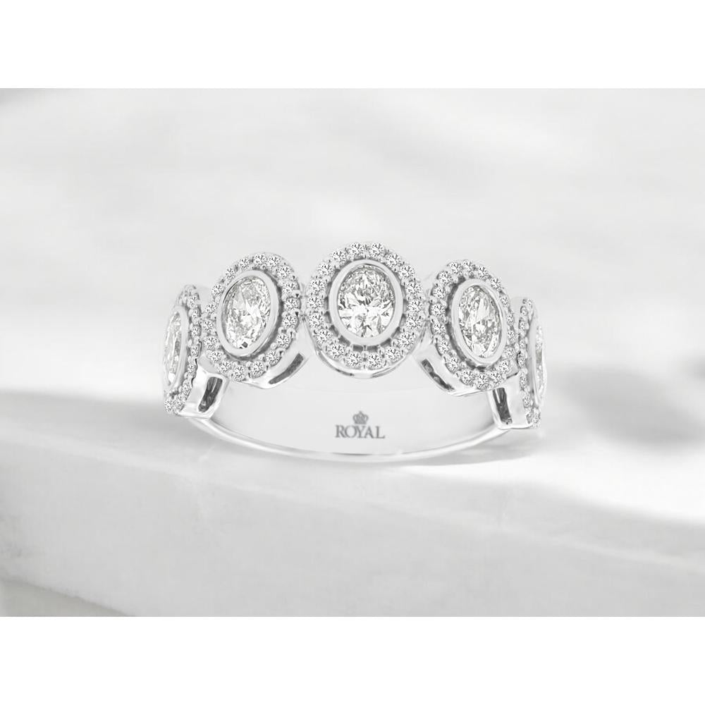 14K White Gold Five-Stone Oval Diamond Halo Wedding Band with Milgrain Detail - 1.42 Carat Total Diamond Weight - Royal Jewelry