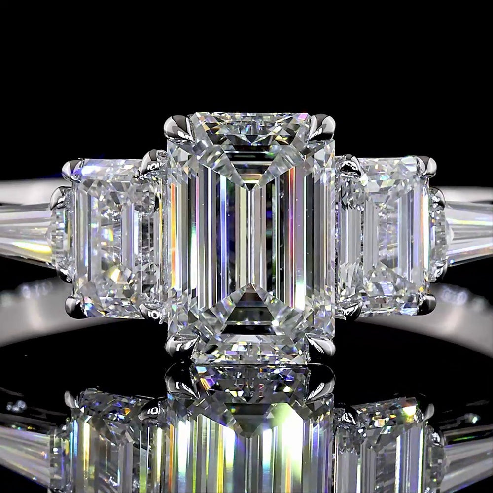 14K White Gold Five Stone Ring with 1.03 Carat Emerald Cut Lab Diamond Center, Tapered Baguette & Emerald Cut Side Stones - 1.80 Carat Total Diamond Weight - Covaloro Fine Jewelry
