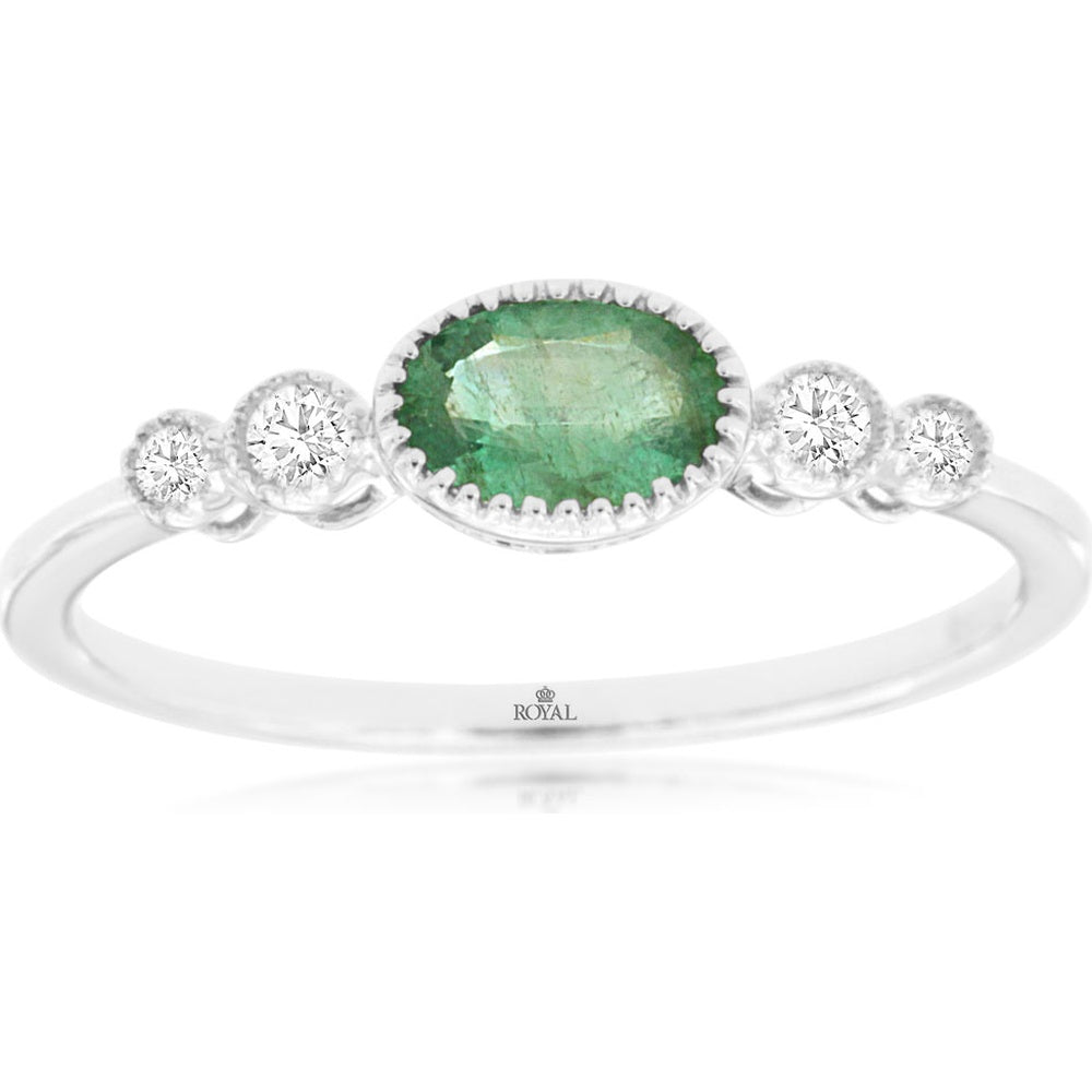 14K White Gold Five-Stone Ring with Oval Emerald and Round Diamonds - 0.44 Carat Emerald and 0.09 Carat Total Diamond Weight - Royal Jewelry