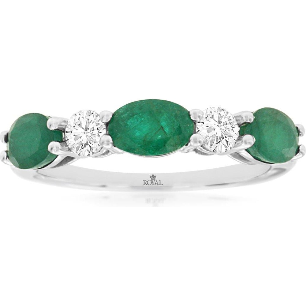 14K White Gold Five-Stone Ring with Oval Emeralds and Round Diamonds - 1.40 Carat Total Emerald Weight and 0.34 Carat Total Diamond Weight - Royal Jewelry