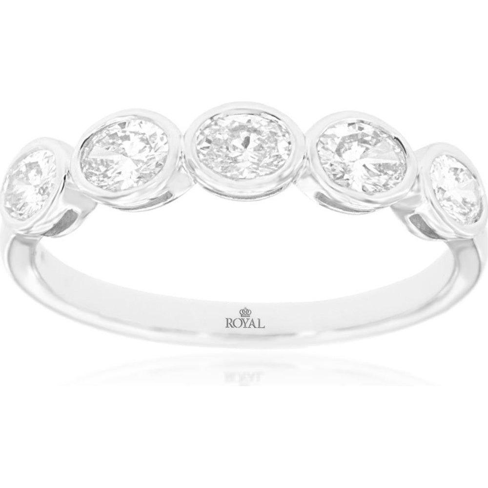 14K White Gold Five-Stone Wedding Band with Bezel-Set Round Brilliant Diamonds - 0.70 Carat Total Diamond Weight - Royal Jewelry