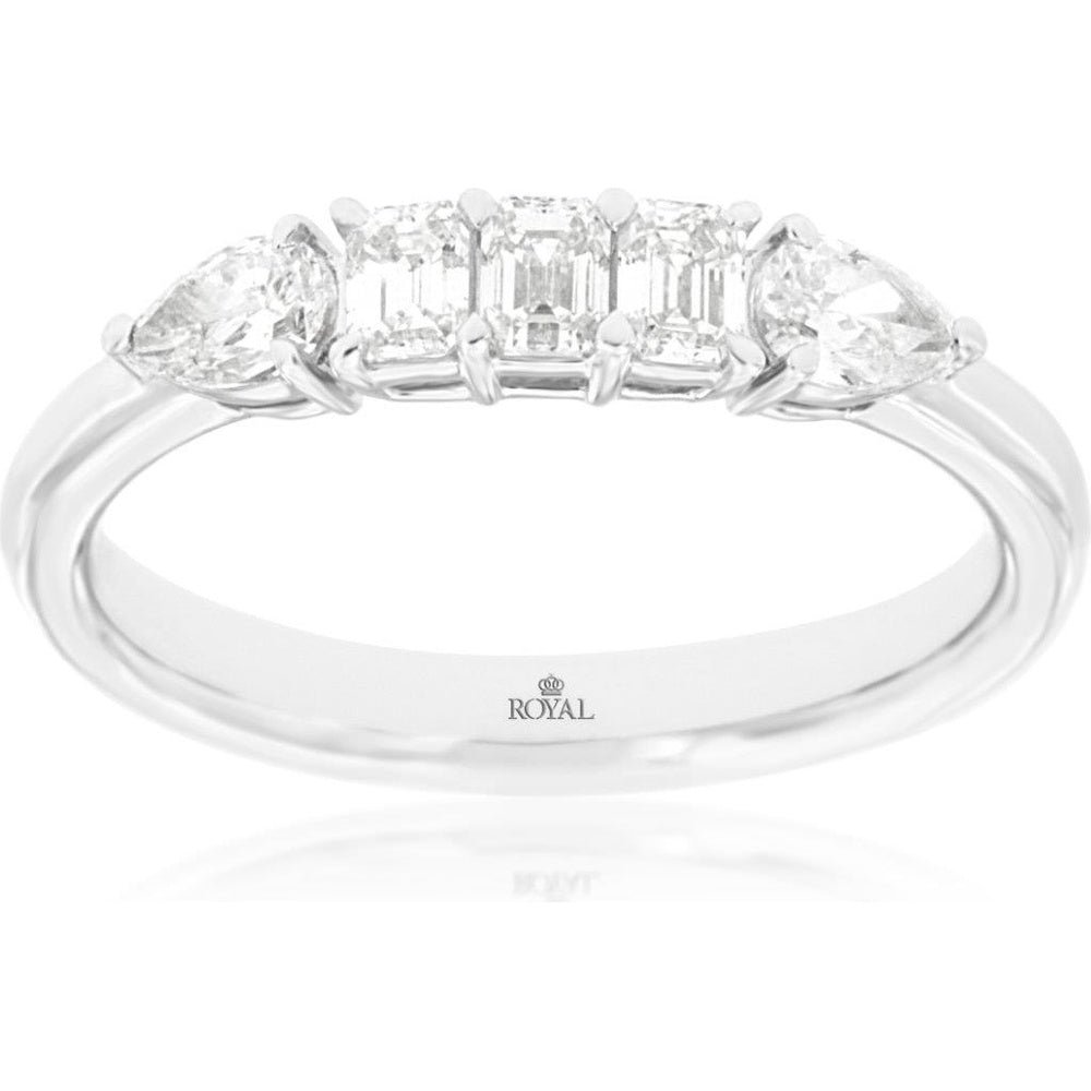 14K White Gold Five-Stone Wedding Band with Emerald Cut and Pear Shaped Diamonds - 0.73 Carat Total Diamond Weight - Royal Jewelry