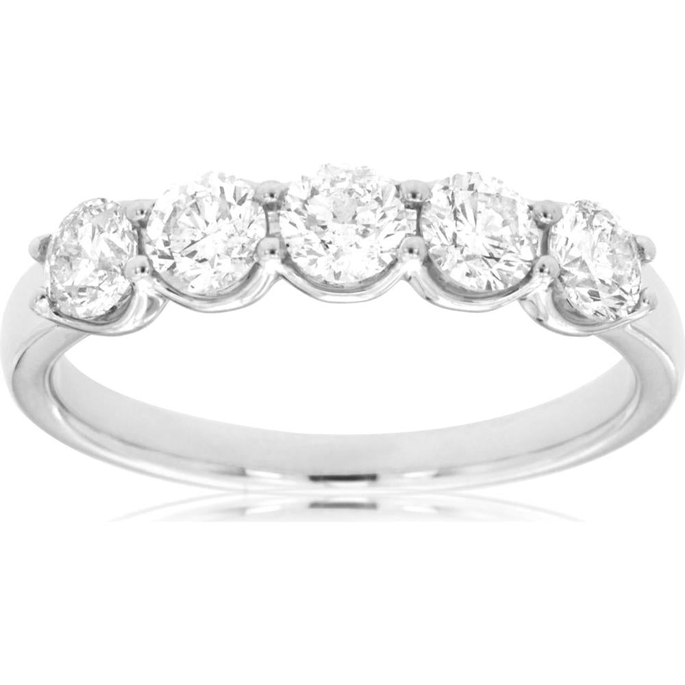 14K White Gold Five Stone Wedding Band with Shared Prong Set Round Diamonds - 1.00 Carat Total Diamond Weight - Royal Jewelry