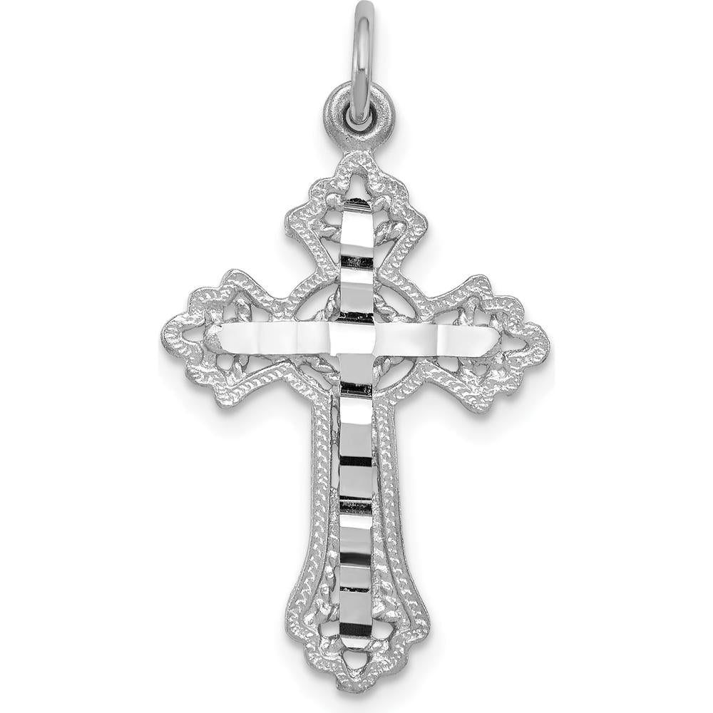 14K White Gold Fleur de Lis Cross Charm Pendant - Rhodium Plated, 31mm x 17mm by Oro Pregiato
