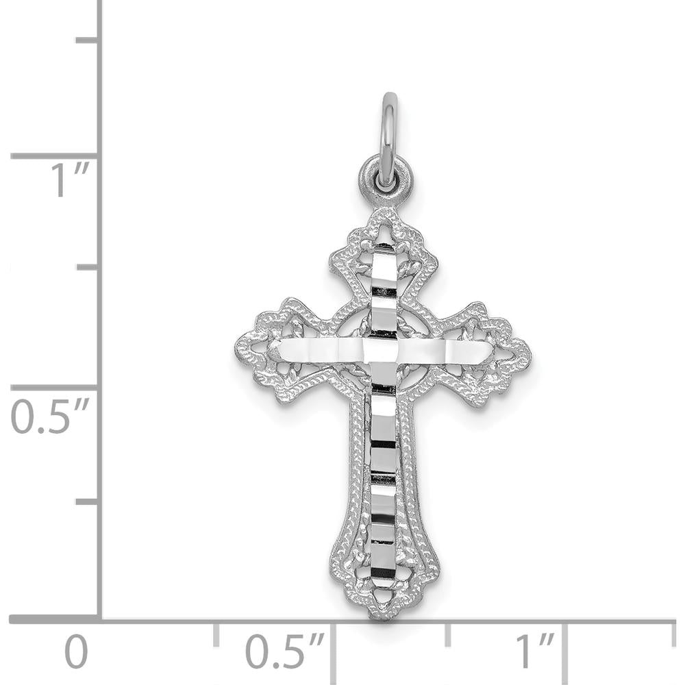 14K White Gold Fleur de Lis Cross Charm Pendant - Rhodium Plated, 31mm x 17mm by Oro Pregiato