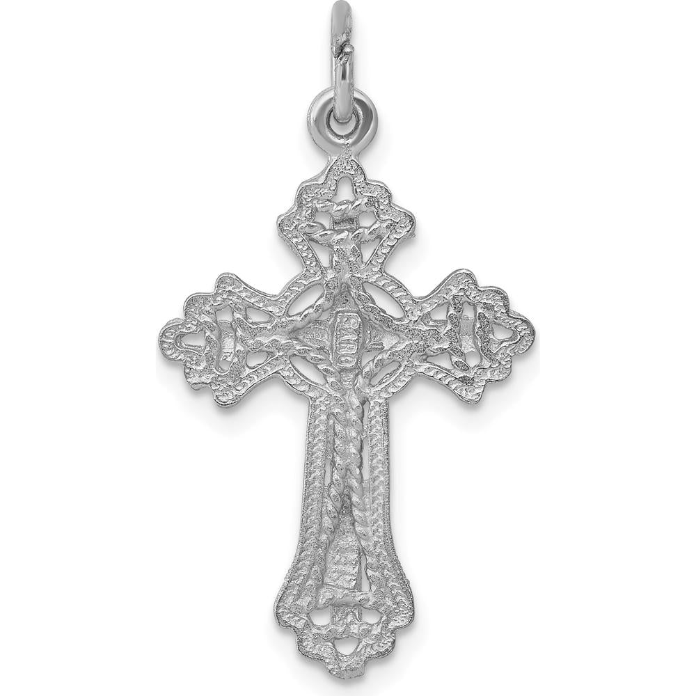 14K White Gold Fleur de Lis Cross Charm Pendant - Rhodium Plated, 31mm x 17mm by Oro Pregiato