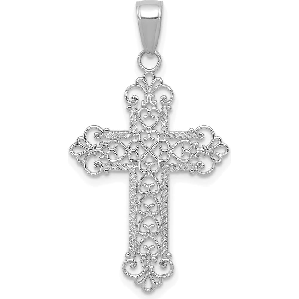 14K White Gold Fleur De Lis Cross Charm Pendant with Rhodium Plating - 36mm Length by Oro Pregiato