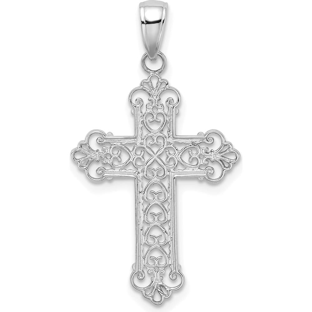 14K White Gold Fleur De Lis Cross Charm Pendant with Rhodium Plating - 36mm Length by Oro Pregiato