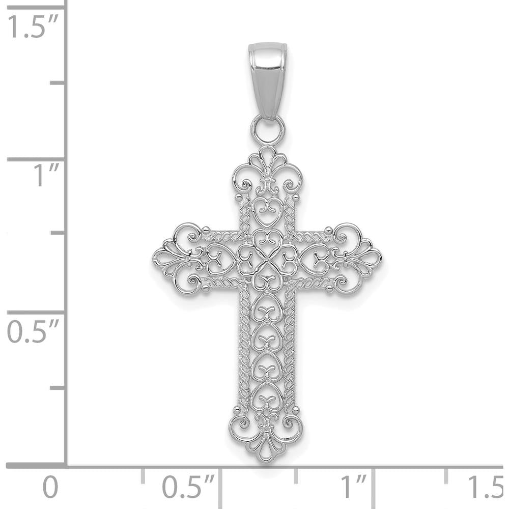 14K White Gold Fleur De Lis Cross Charm Pendant with Rhodium Plating - 36mm Length by Oro Pregiato