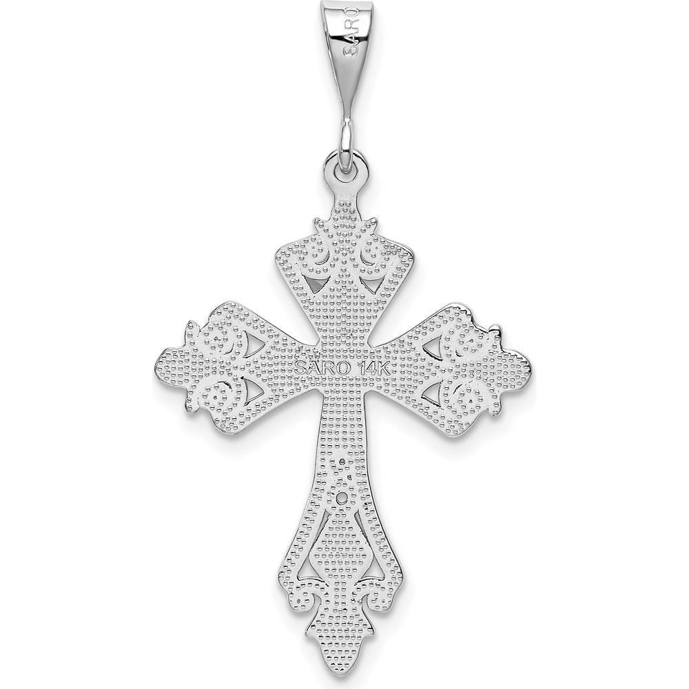 14K White Gold Fleur de Lis Cross Pendant with Rhodium Plating - 40mm Length by Oro Pregiato