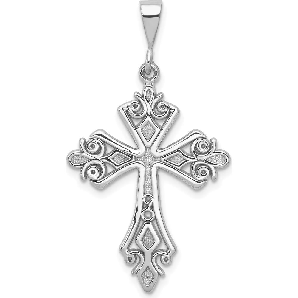 14K White Gold Fleur De Lis Cross Pendant with Rhodium Plating by Oro Pregiato