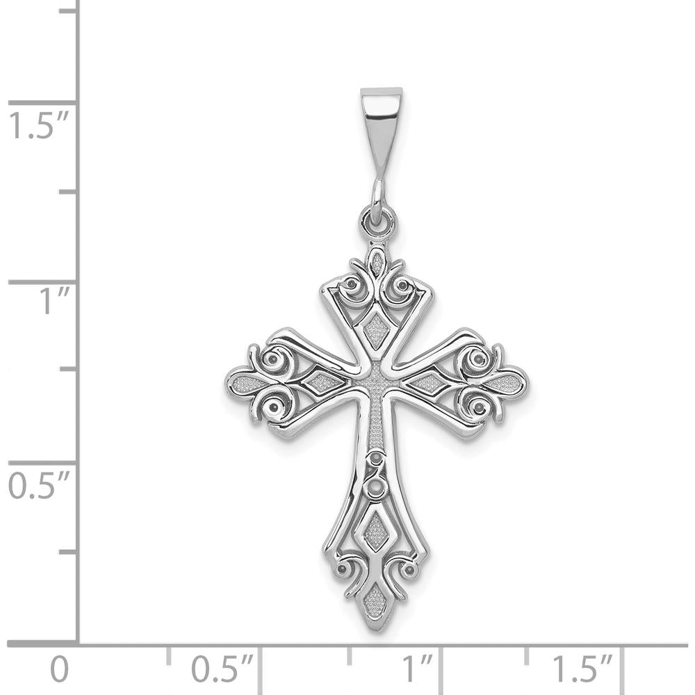 14K White Gold Fleur De Lis Cross Pendant with Rhodium Plating by Oro Pregiato