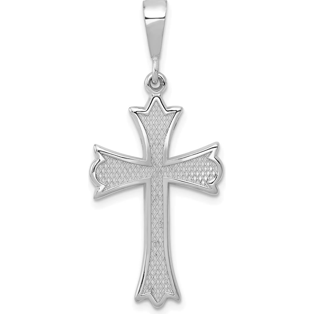 14K White Gold Fleur de Lis Cross Pendant with Textured Back - Rhodium Plated by Oro Pregiato
