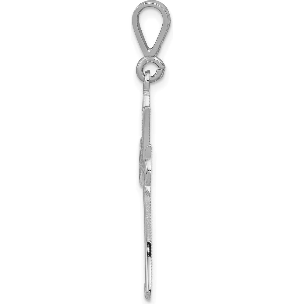 14K White Gold Fleur de Lis Cross Pendant with Textured Back - Rhodium Plated by Oro Pregiato