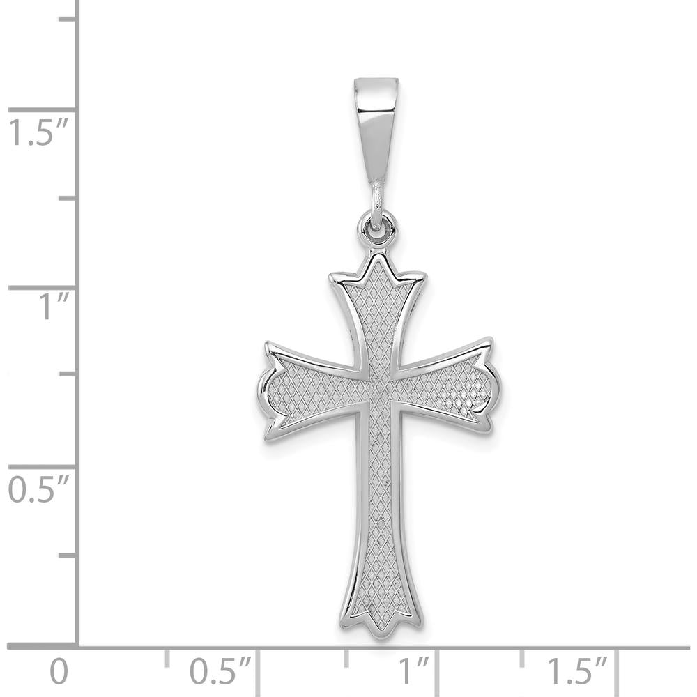 14K White Gold Fleur de Lis Cross Pendant with Textured Back - Rhodium Plated by Oro Pregiato