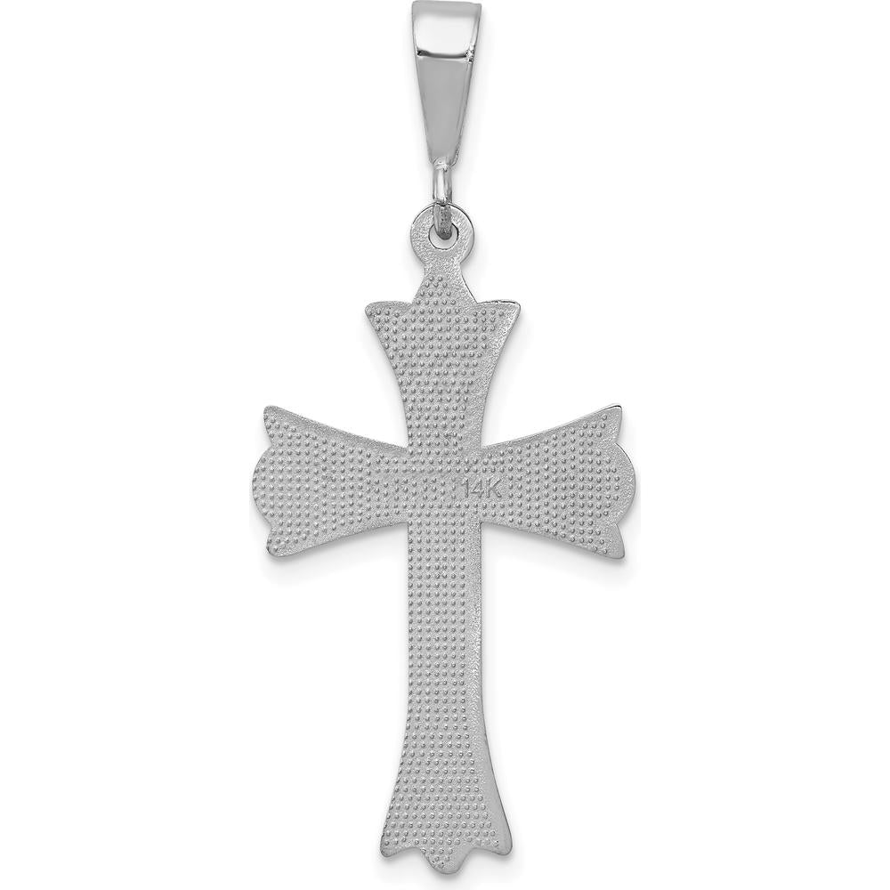 14K White Gold Fleur de Lis Cross Pendant with Textured Back - Rhodium Plated by Oro Pregiato