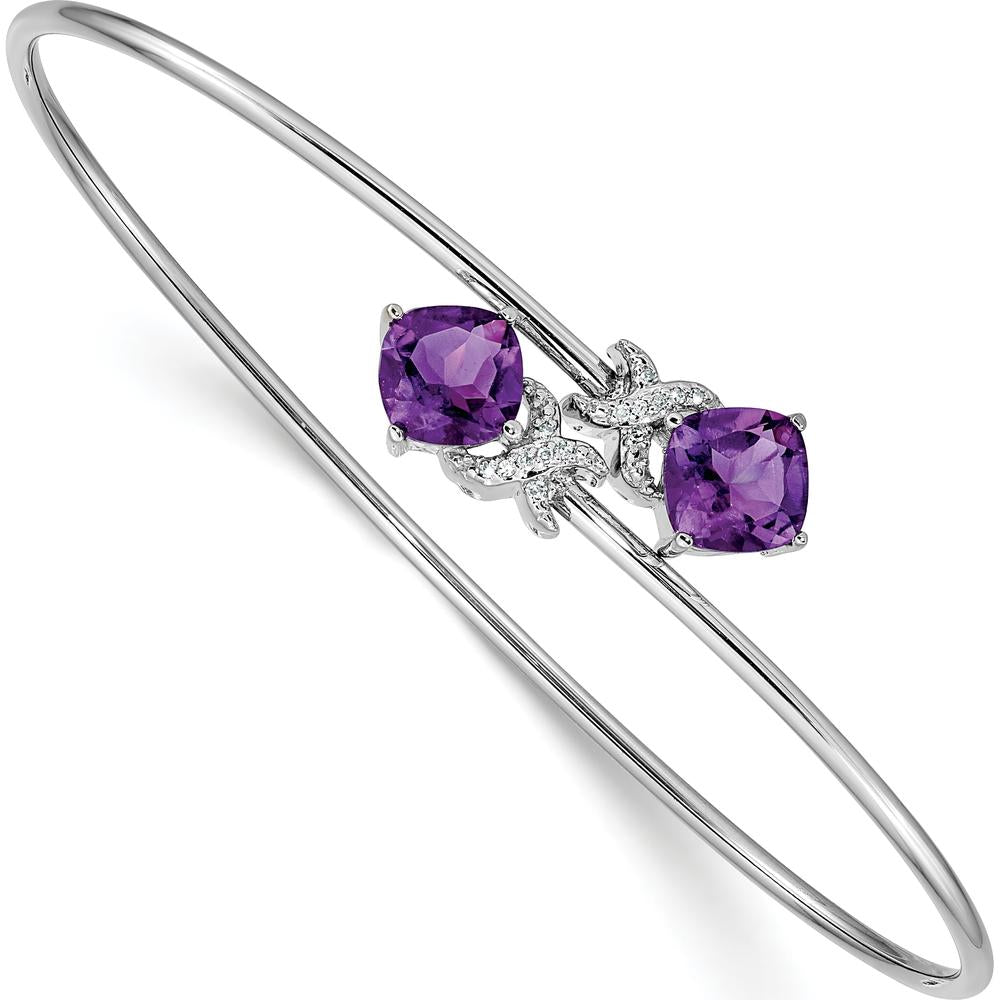 14K White Gold Flexible Bangle Bracelet with Cushion-Cut Amethyst and Round Diamonds - 1.25 Carats Amethyst, 0.03 Carats Diamond Total by Monteluci Fine Jewelry
