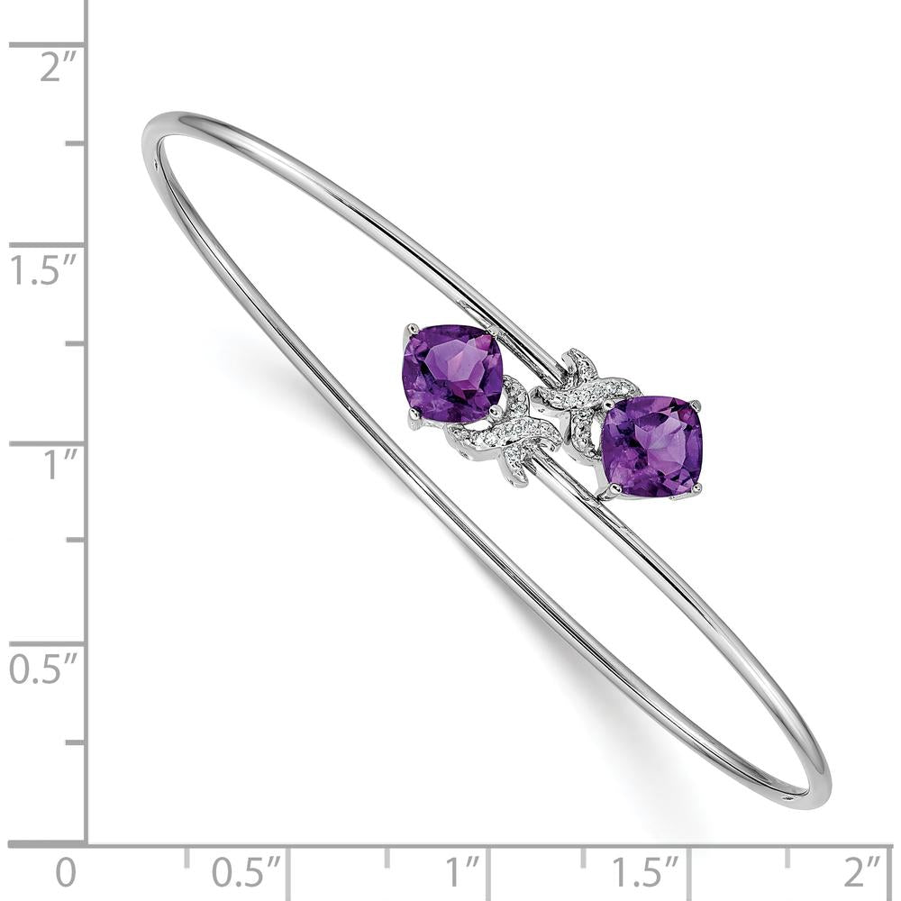 14K White Gold Flexible Bangle Bracelet with Cushion-Cut Amethyst and Round Diamonds - 1.25 Carats Amethyst, 0.03 Carats Diamond Total by Monteluci Fine Jewelry