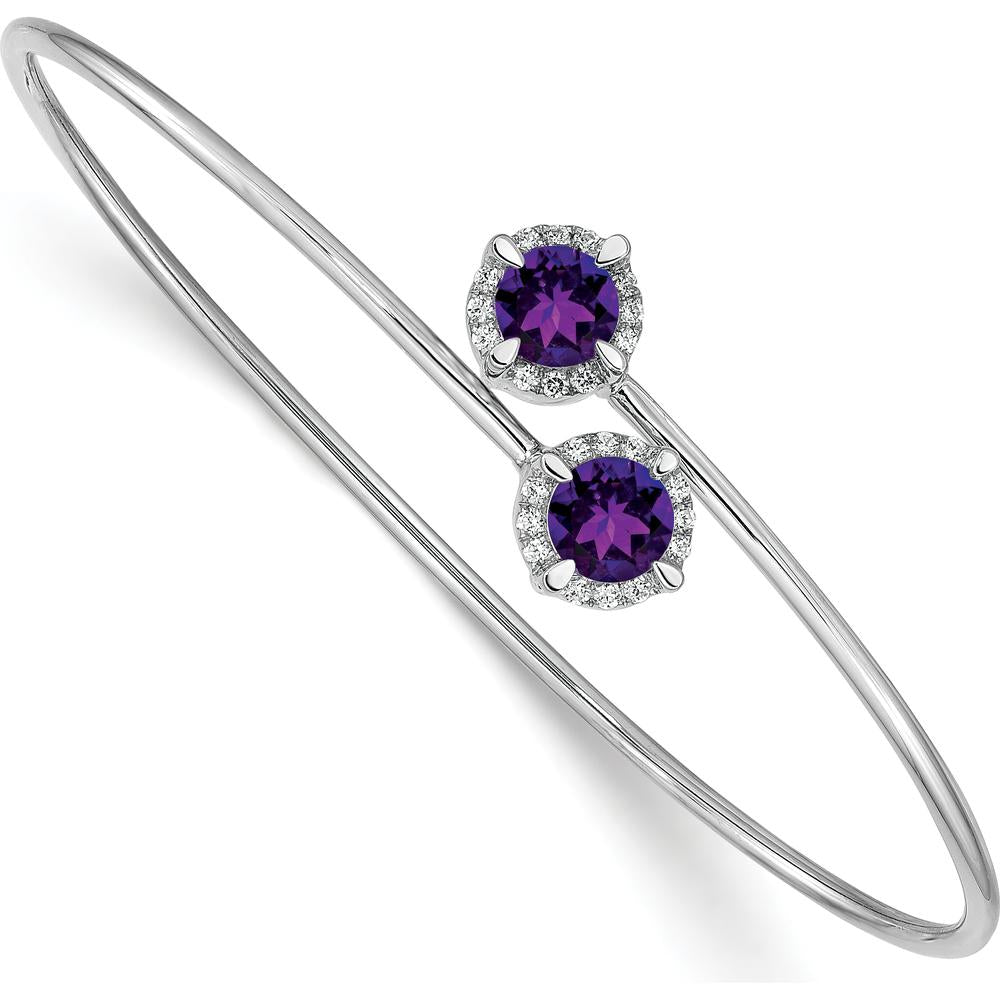 14K White Gold Flexible Bangle Bracelet with Round Amethyst and Diamond Halo - 0.4 Carats Amethyst, 0.005 Carats Total Diamond Weight by Monteluci Fine Jewelry