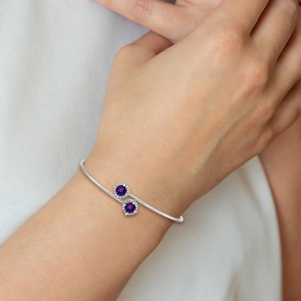 14K White Gold Flexible Bangle Bracelet with Round Amethyst and Diamond Halo - 0.4 Carats Amethyst, 0.005 Carats Total Diamond Weight by Monteluci Fine Jewelry