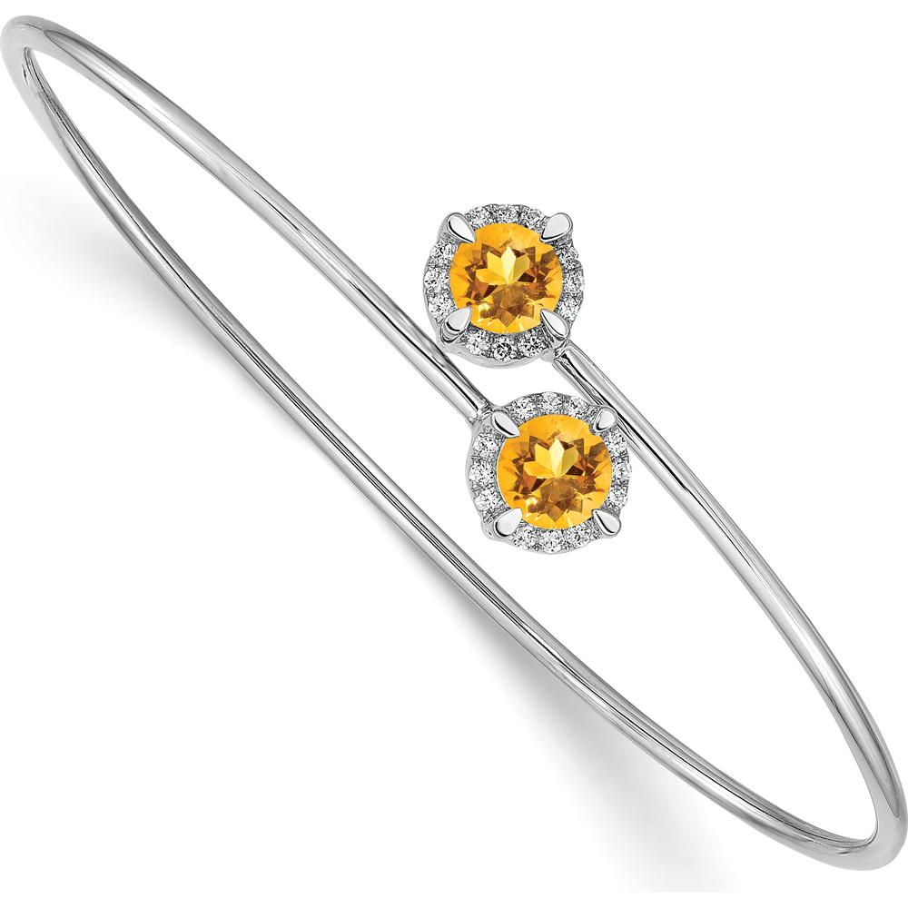 14K White Gold Flexible Bangle Bracelet with Round Citrine and 1/8 Carat Diamond Halo - 0.83 Carats Total Citrine Weight by Monteluci Fine Jewelry