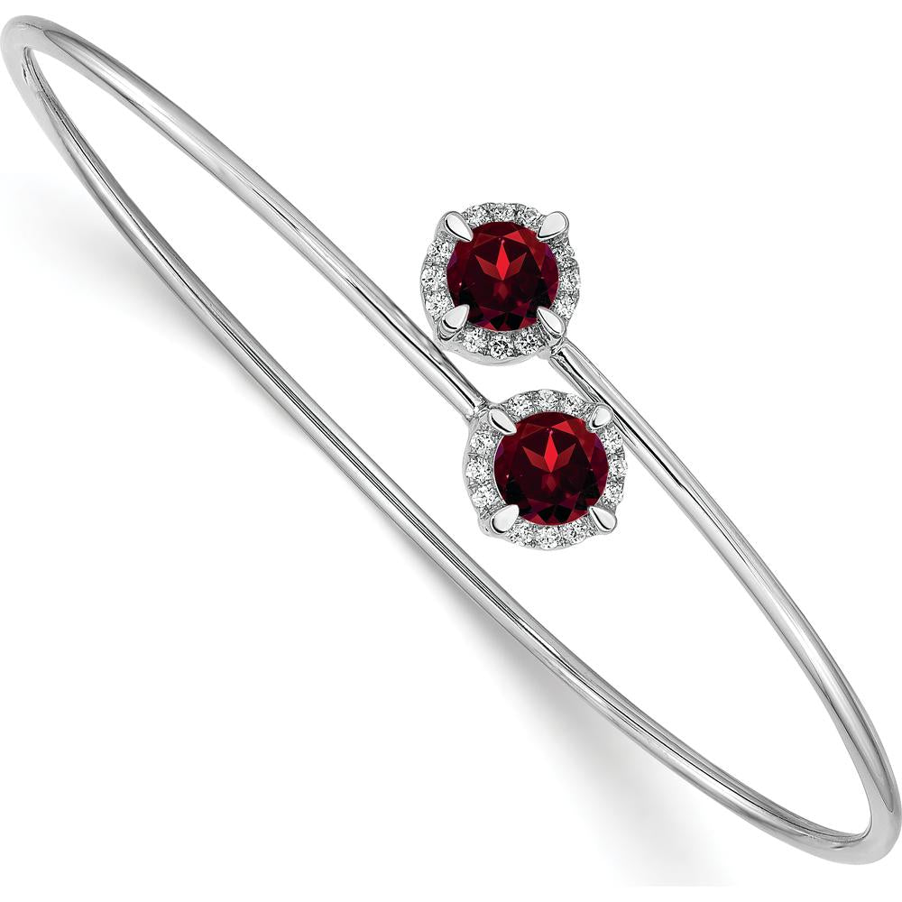 14K White Gold Flexible Bangle Bracelet with Round Garnets and Diamond Halo - 0.63 Carats Total Garnet Weight, 0.005 Carats Diamond Weight by Monteluci Fine Jewelry