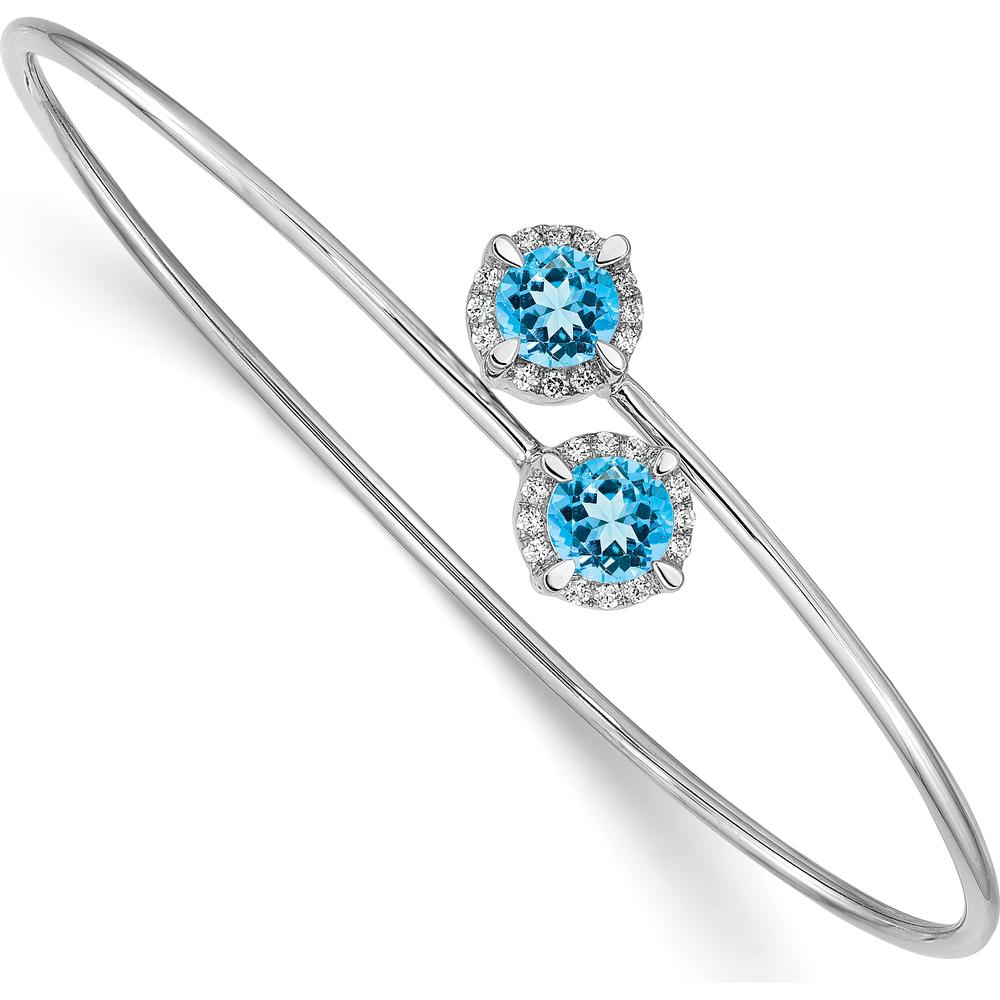 14K White Gold Flexible Bangle Bracelet with Round Swiss Blue Topaz and Diamond Halo - 0.6 Carats Blue Topaz, 0.12 Carats Total Diamond Weight by Monteluci Fine Jewelry