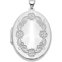 14K White Gold Floral Border Oval Locket with Engravable Back - 32mm x 24.5mm by Monteluci Fine Jewelry