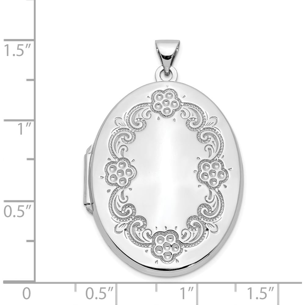 14K White Gold Floral Border Oval Locket with Engravable Back - 32mm x 24.5mm by Monteluci Fine Jewelry