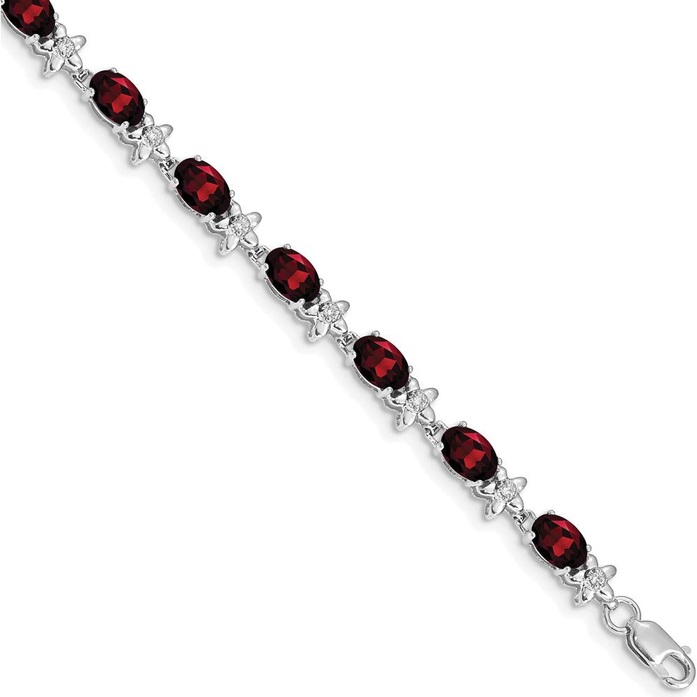 14K White Gold Floral Bracelet with Oval Garnets and Round Diamond Accents - 0.6 Carats Total Garnet Weight, 0.008 Carats Total Diamond Weight by Oro Pregiato